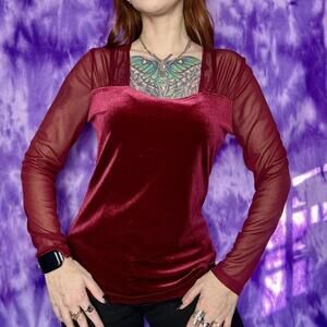 Red Burgundy velvet and mesh long sleeve top.